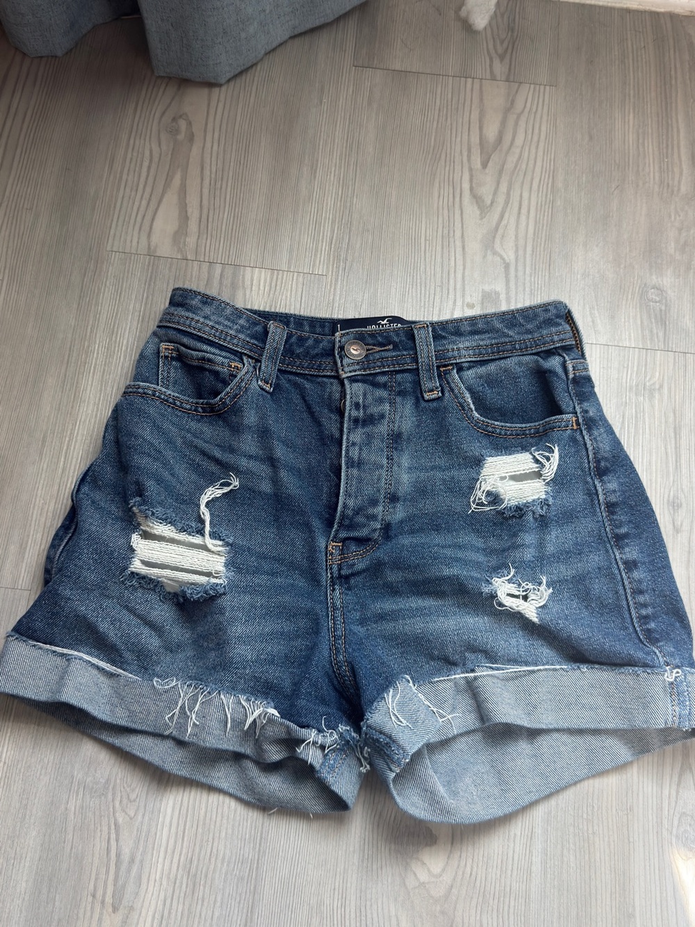 Hollister Dark Blue Distressed Rolled Hem Denim Shorts